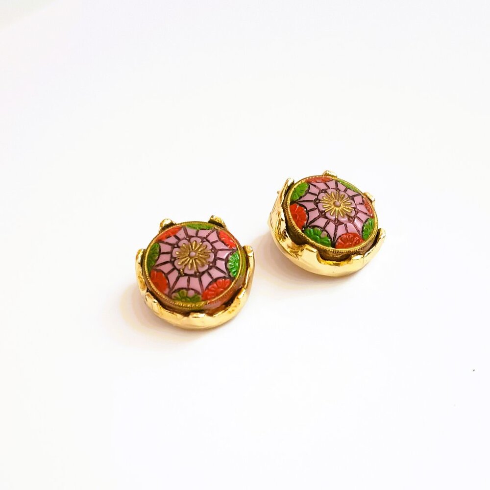 Women's Round Colorful Mandala Earrings Gold Tone Cabochon Clip On Jewelry
